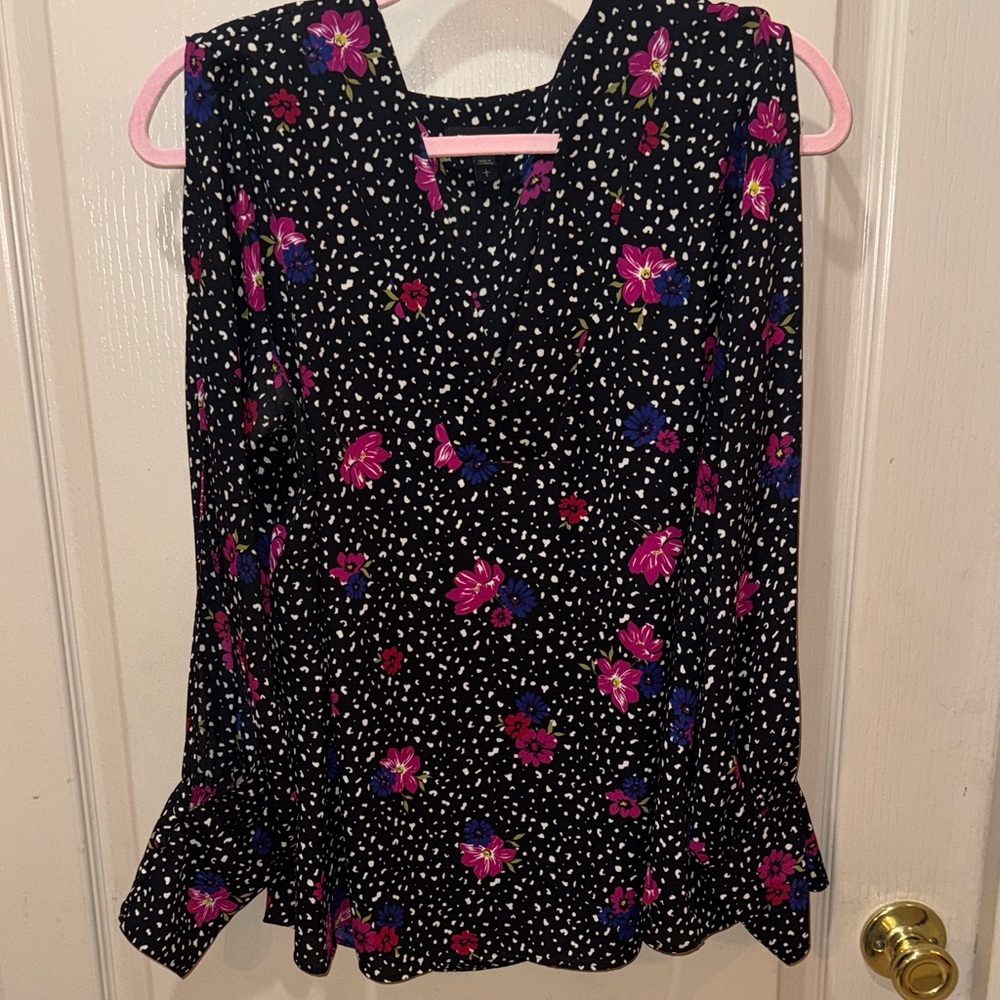 Express Black Floral Blouse with Pink and Blue Accents